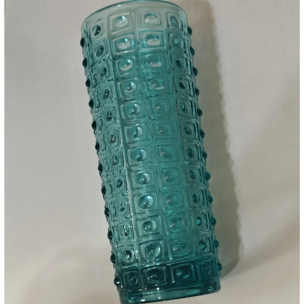 MCM Sklo Union Art Glass Vase Turquoise Blue Geometric Czech Vintage 60s Hobnail